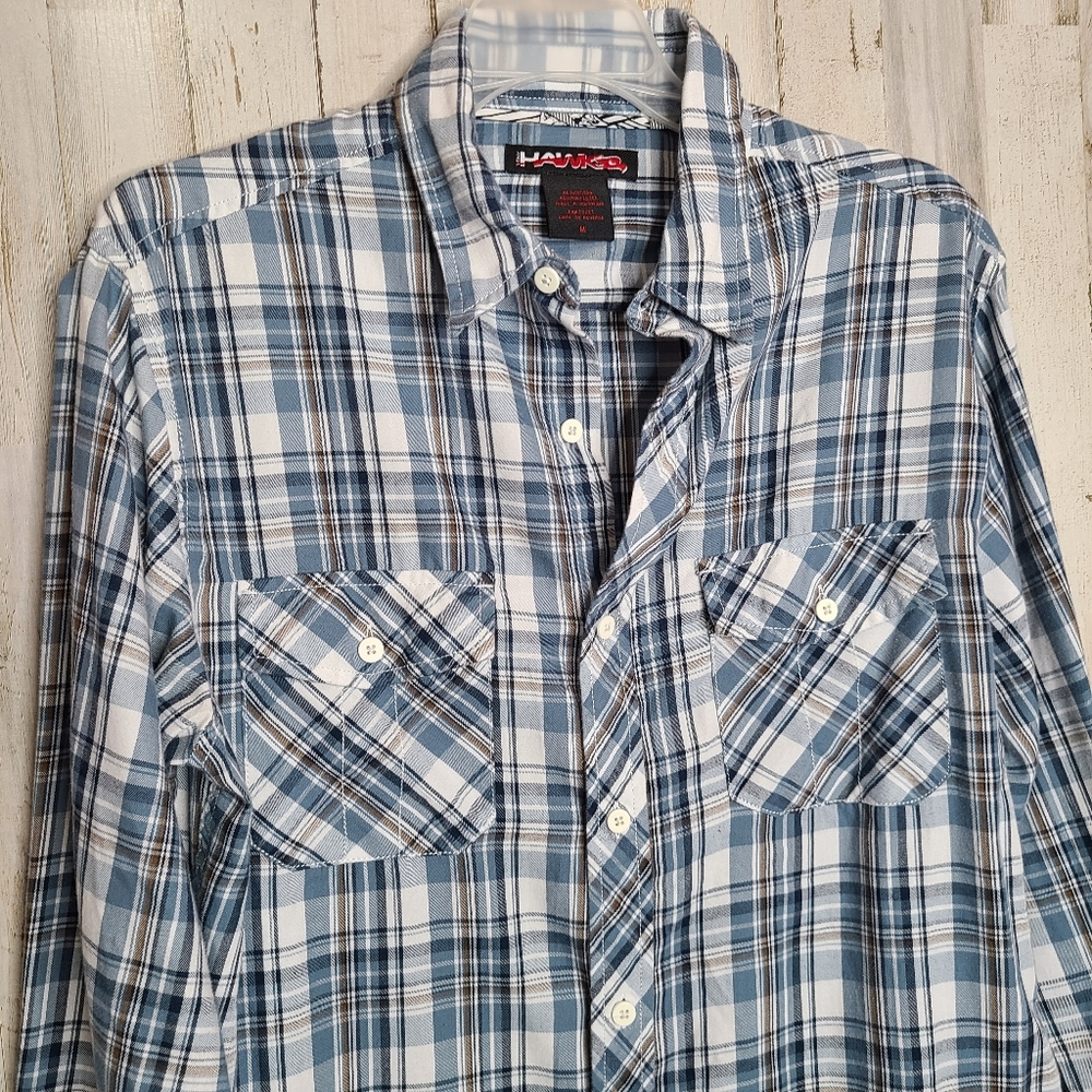 Tony Hawk Blue and White Plaid Button Up Long Sleeve Shirt Casual - Picture 2 of 10